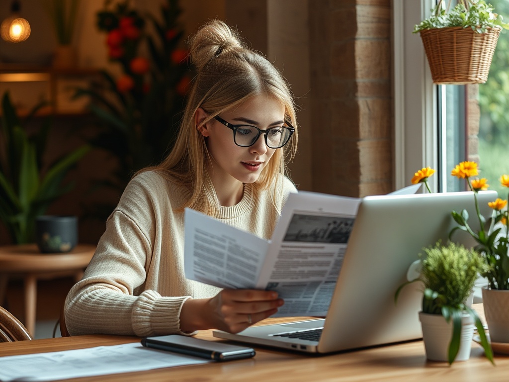 A young woman in a cozy setting reviews documents while sitting at a desk with a laptop and plants.