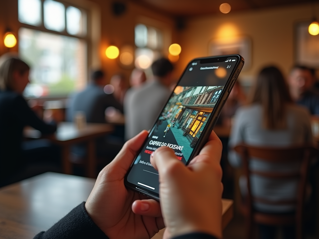 Person holding smartphone with image of street on screen in a crowded café.