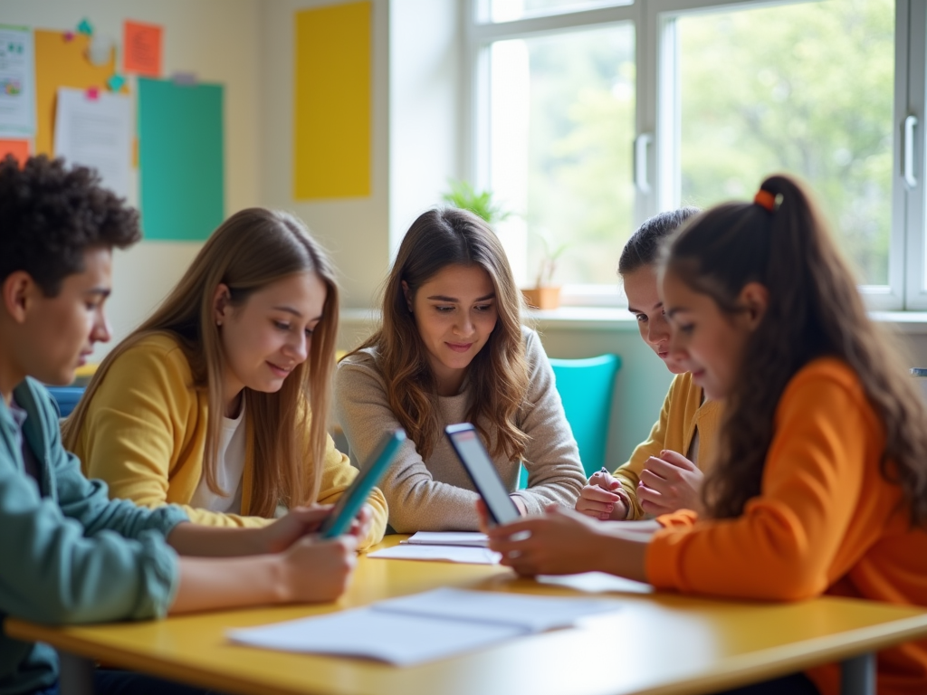 Five students are engaged in a group study, focusing on their devices and discussing notes at a table.