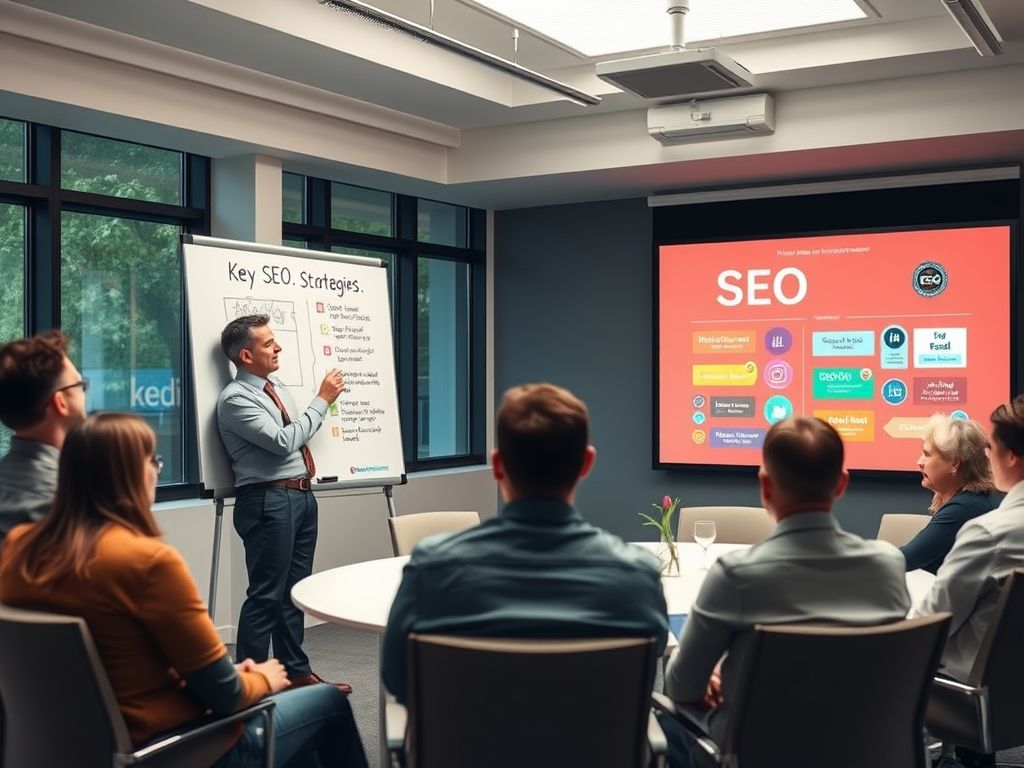A speaker presents key SEO strategies in a meeting room while an audience listens attentively.