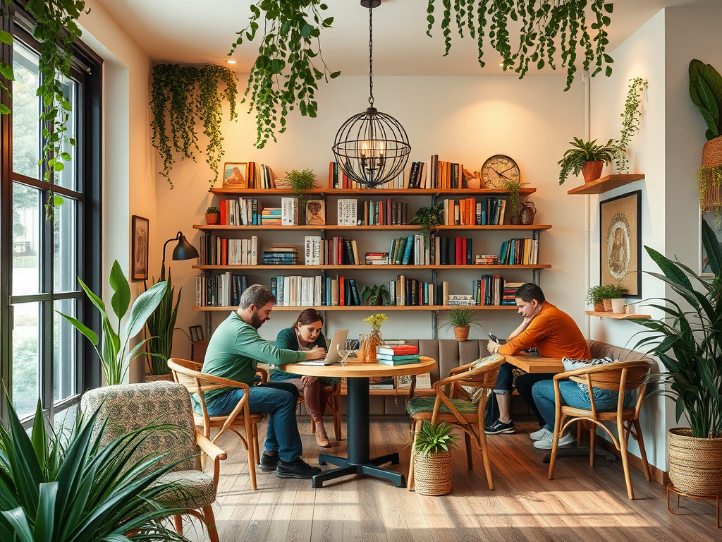 A cozy study area with bookshelves, plants, and people working together around a table.