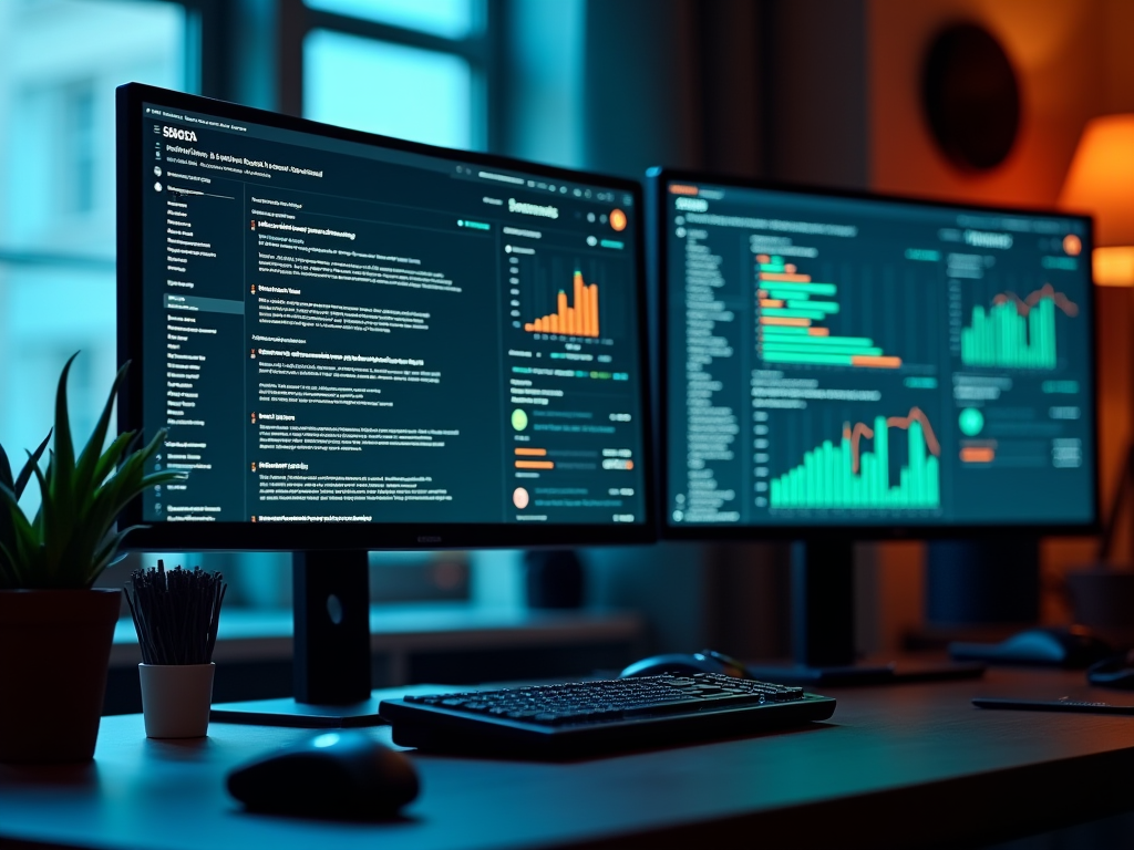 Dual monitors displaying code and data analytics graphs in a dimly lit room with desk accessories.