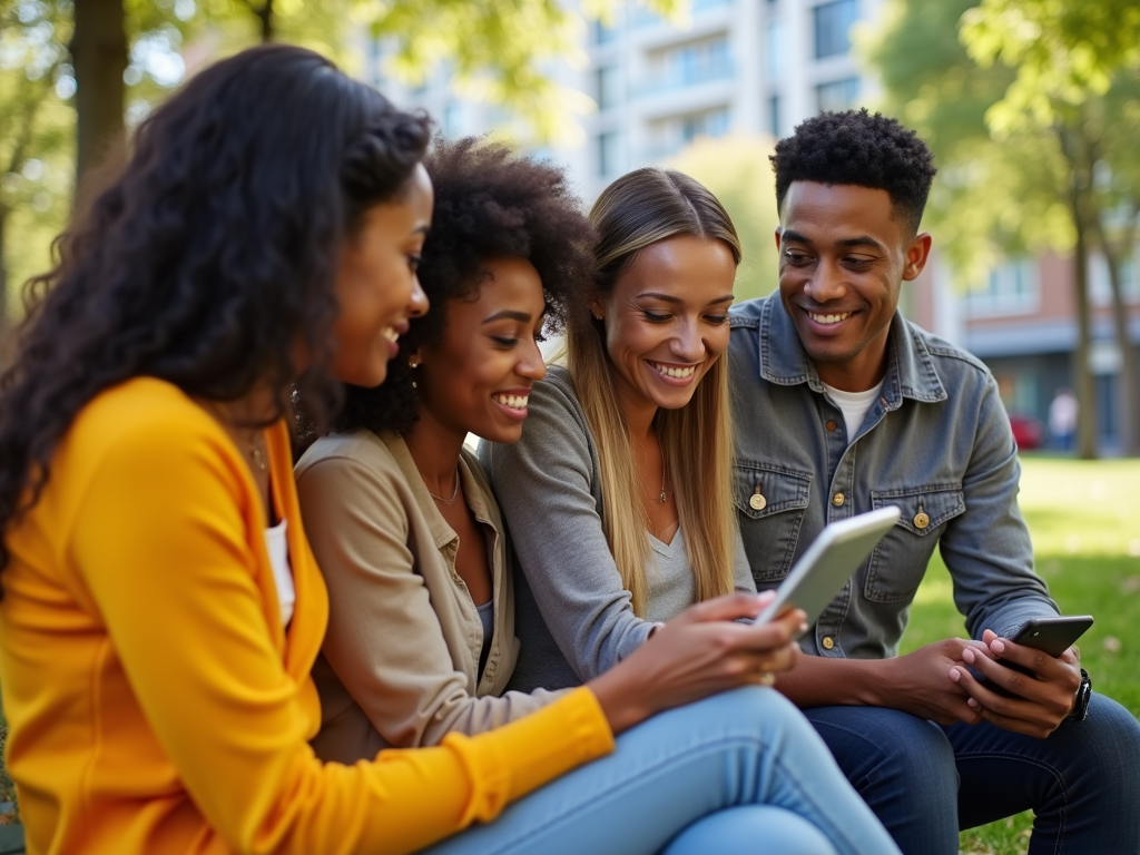 Four friends sitting together outdoors, smiling and looking at their phones in a lively park setting.