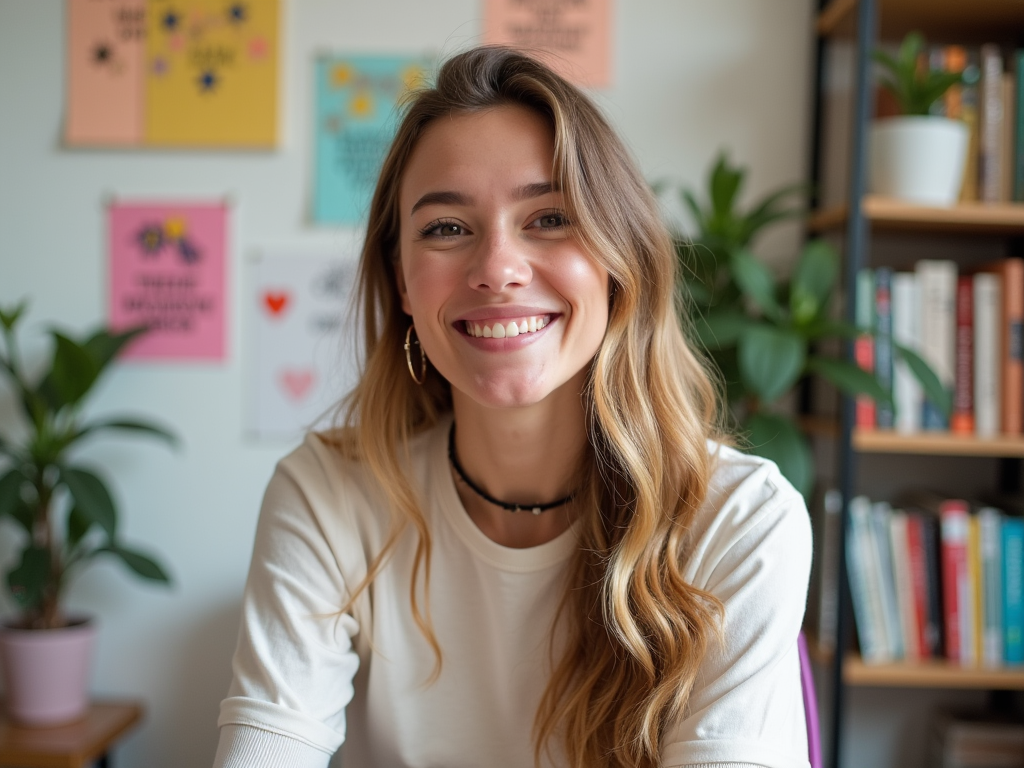 Smiling young woman in a room with books and colorful wall posters.