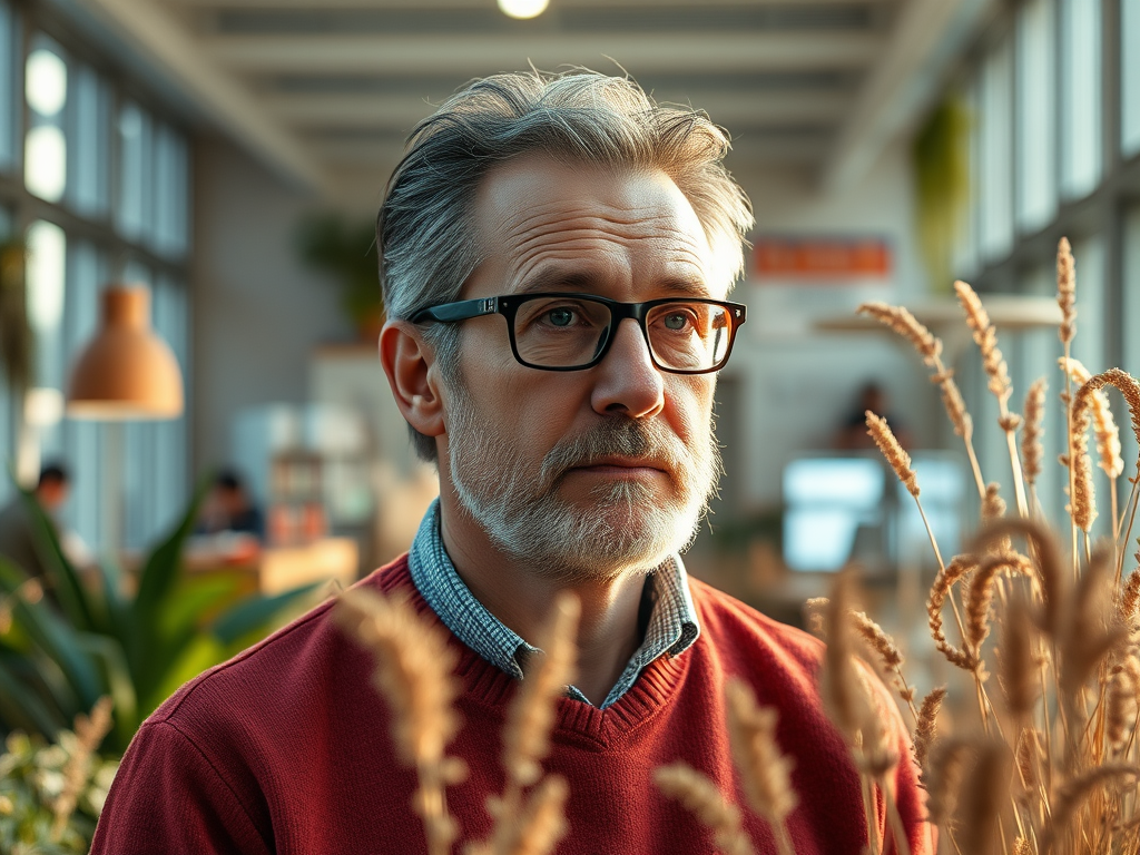 A thoughtful older man in a red sweater, surrounded by plants, gazes intently in a modern workspace.