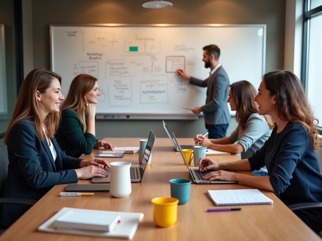 A professional business meeting with one man presenting to three attentive women at a table.