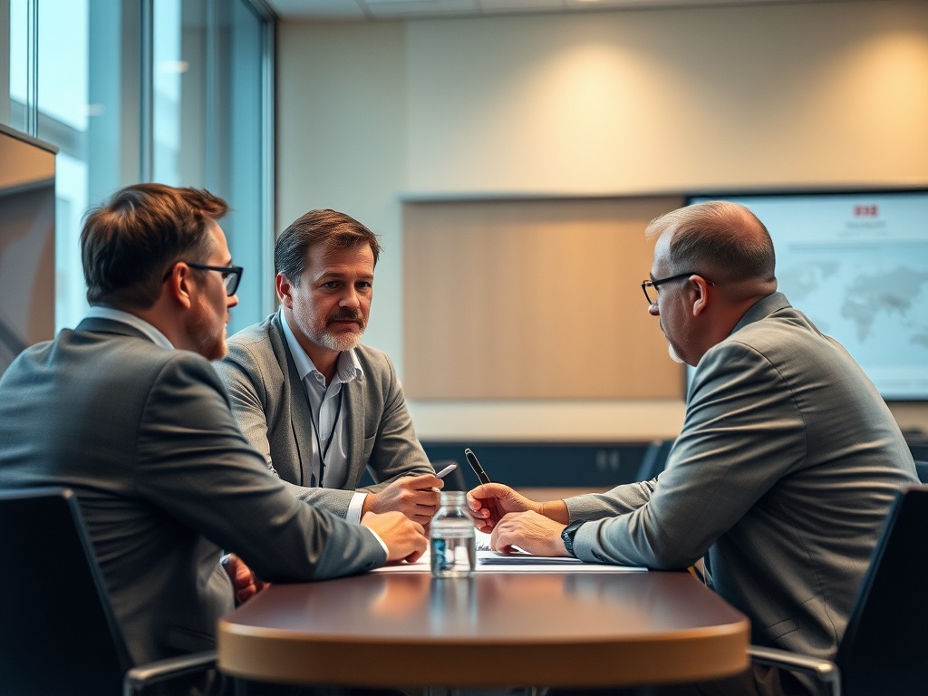 Three business professionals engaged in a discussion around a table in a modern office setting.