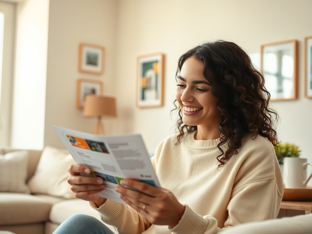 A smiling woman with curly hair reads a document while sitting comfortably in a cozy living room.