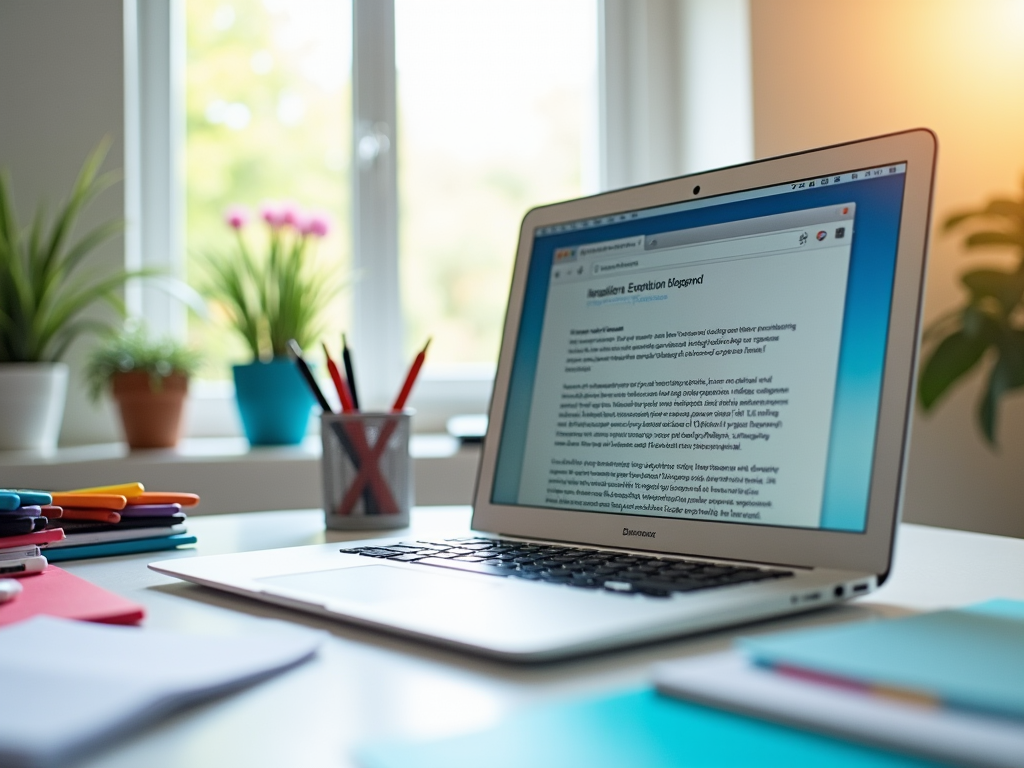 Laptop on a desk displaying a webpage, with colorful stationery and plants by a window in the background.