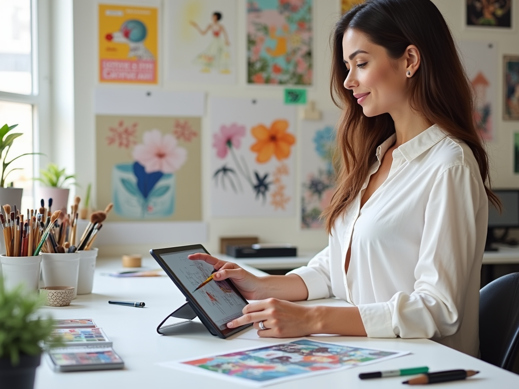 A woman using a digital tablet with stylus in a bright art studio filled with brushes and colorful artwork.