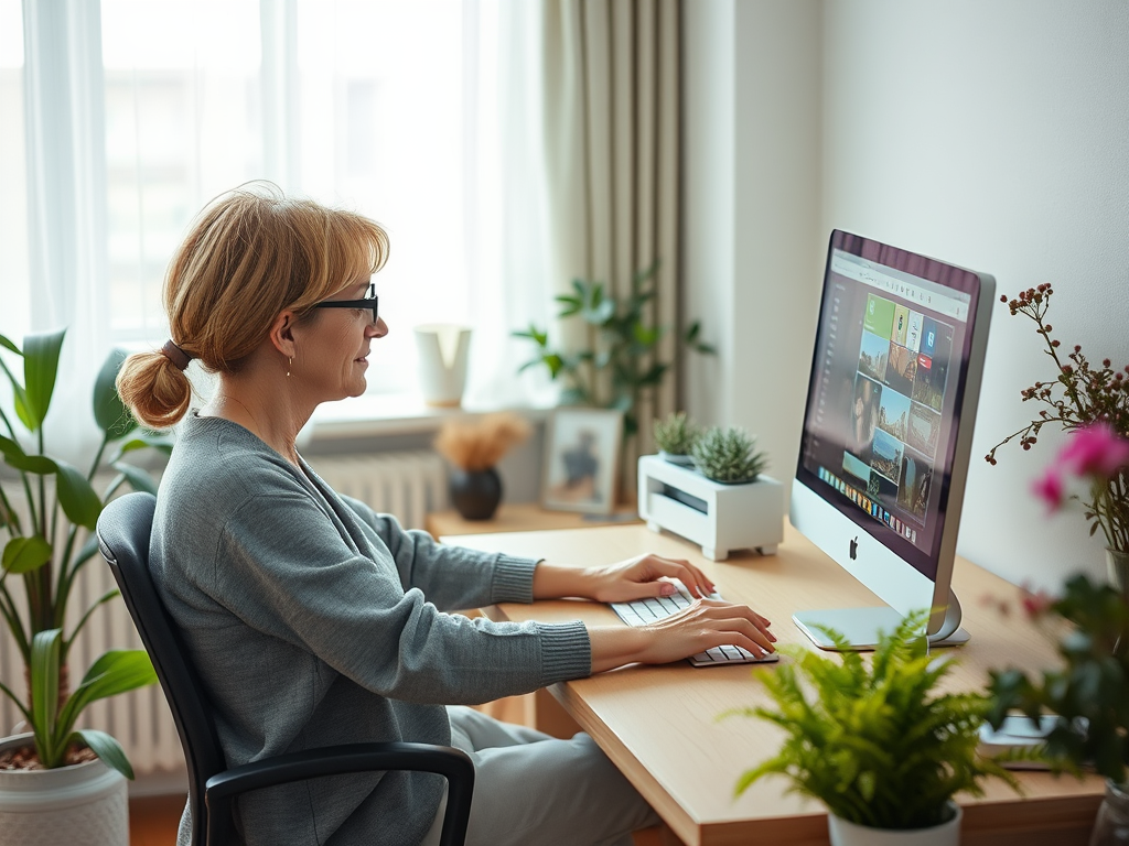 A woman with blonde hair is working on a computer at a desk surrounded by plants and natural light.
