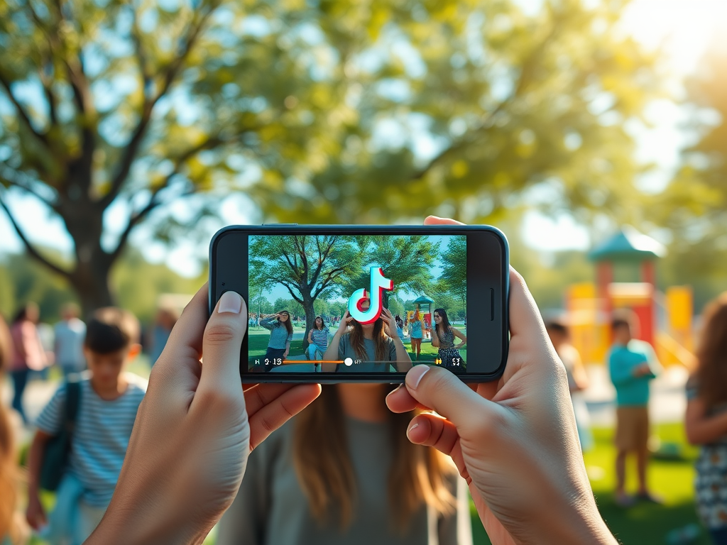 A person holds a phone displaying a TikTok video with a park background and children in the distance.