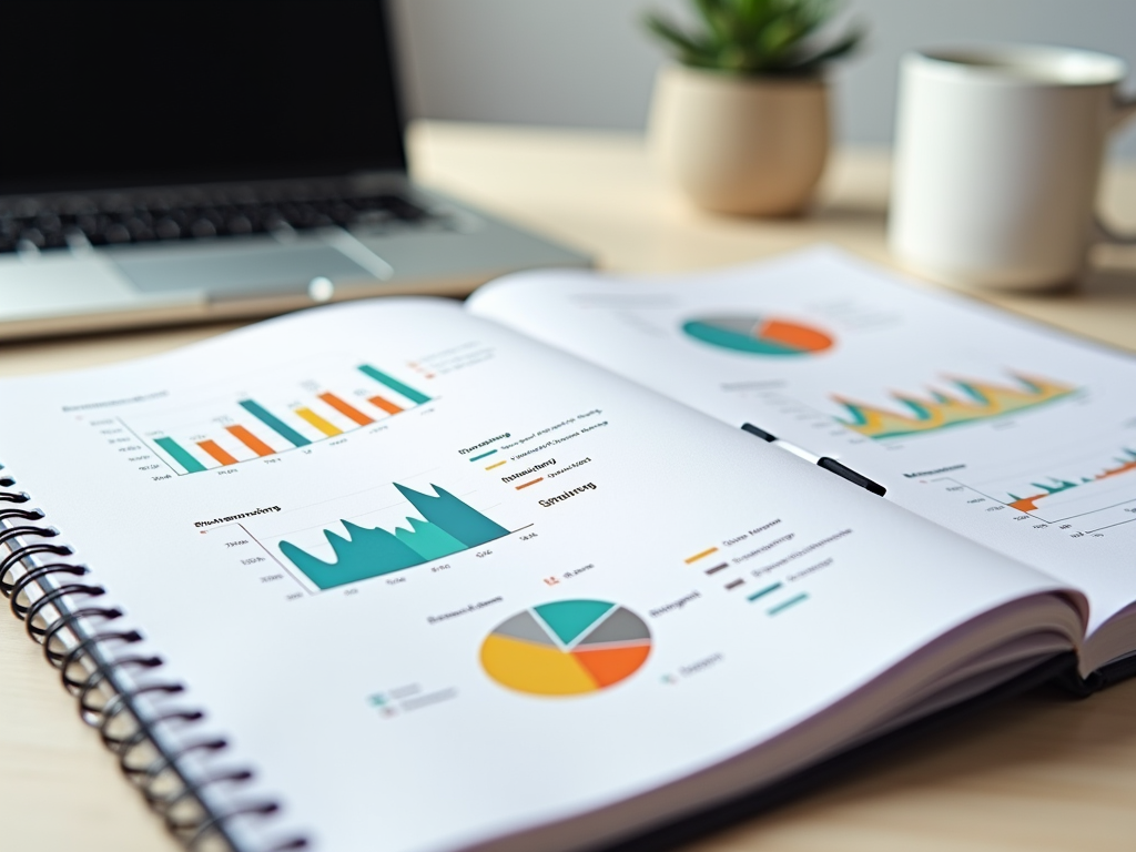 Open notebook displaying colorful business graphs and charts, with a laptop and coffee cup in the background.