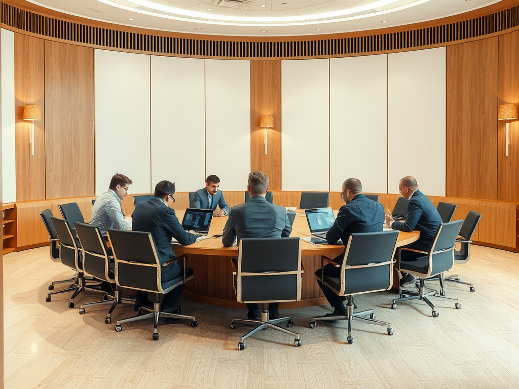 A group of six professionals engaged in a meeting around a circular table in a modern conference room.