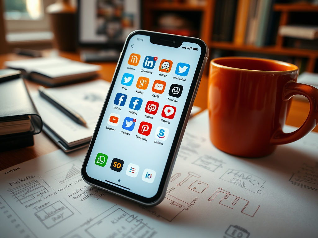 A smartphone displaying various social media apps, resting on a desk with notebooks and a coffee mug nearby.