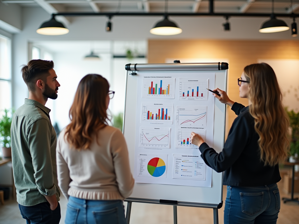 Three professionals discuss graphs on a board in a modern office setting.