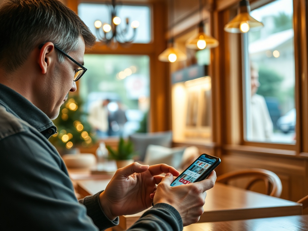 A man in glasses is focused on his smartphone in a cozy café with warm lighting and a view of the street outside.