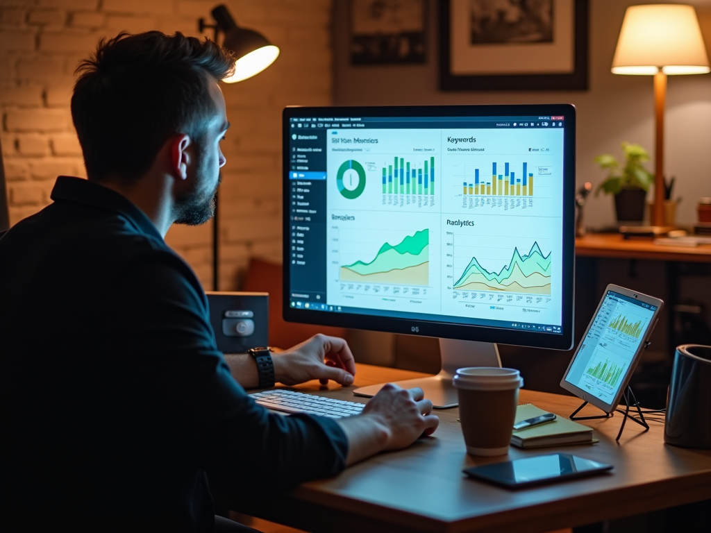 Man analyzing data charts on multiple screens in a dimly lit office.