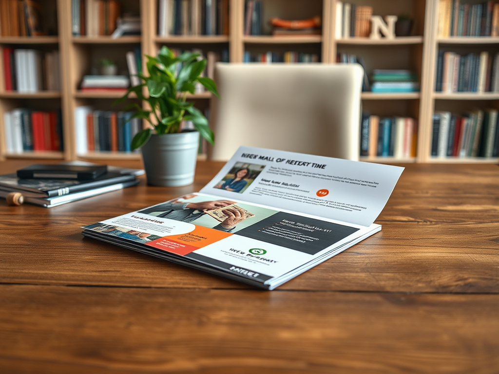 A brochure rests on a wooden table with a plant and bookshelves in the background, showcasing various features and services.
