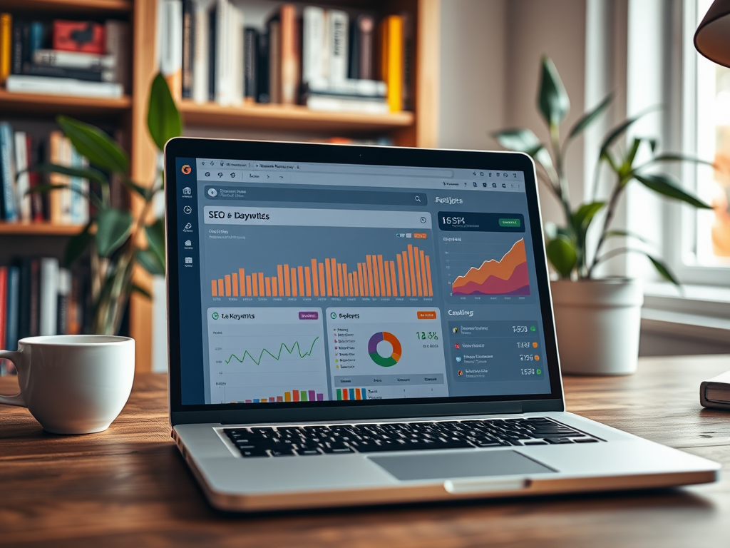 A laptop displaying SEO analytics and charts on a wooden desk, with a cup and books in the background.