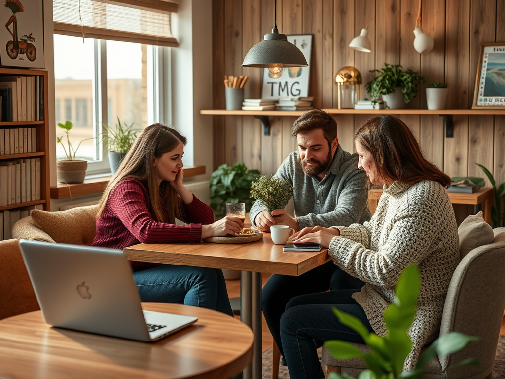 Three friends enjoy drinks and snacks at a cozy café, engaged in conversation and using their phones.