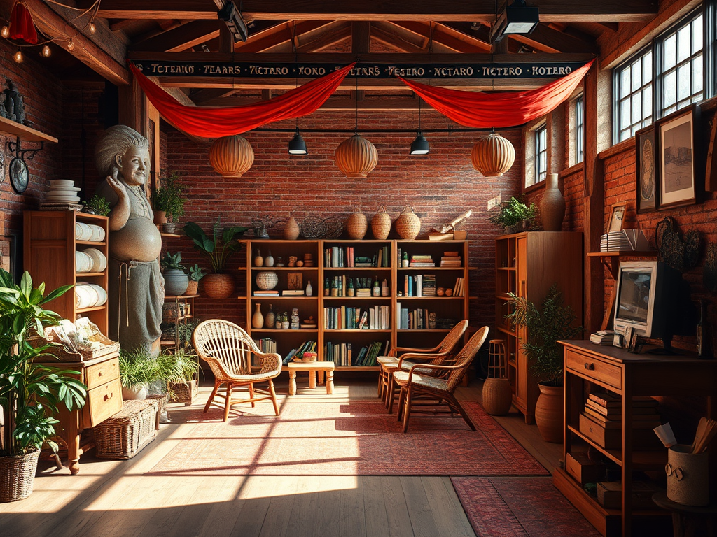 A cozy, sunlit room with brick walls, wooden furniture, plants, and a large statue, creating a warm atmosphere.