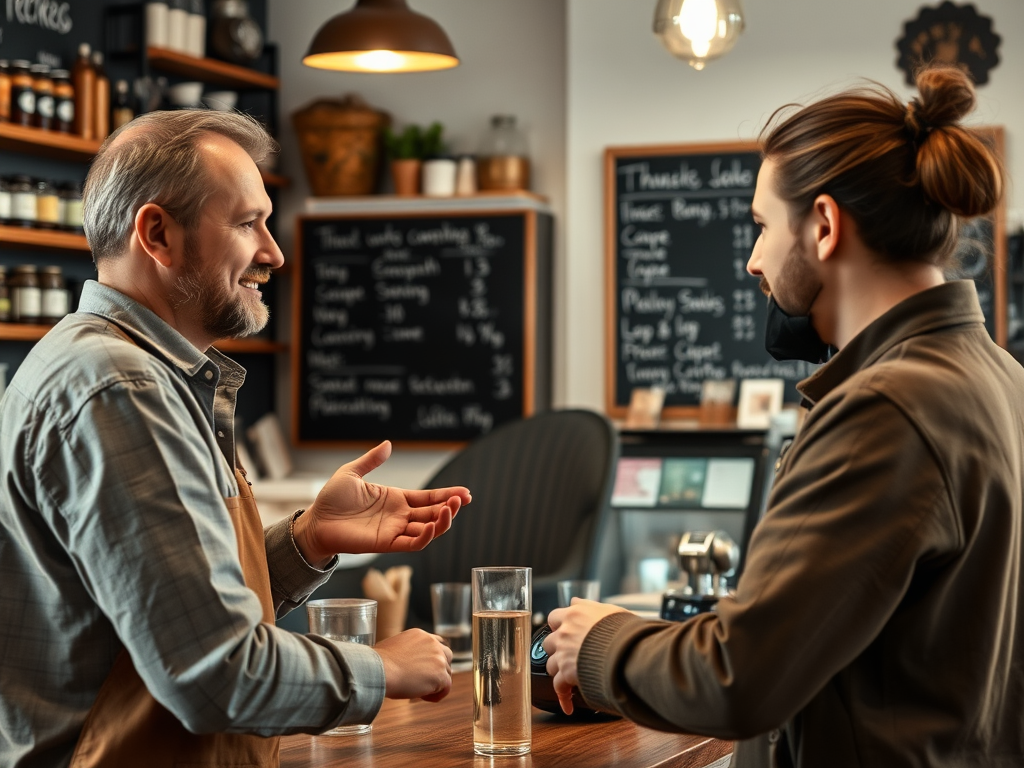 A man with a beard talks animatedly to a young man at a coffee shop counter, both engaged in conversation.