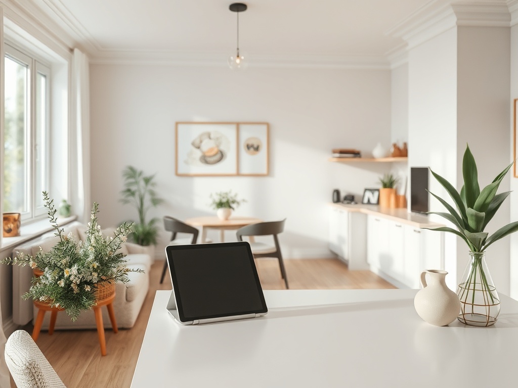 A modern living space with a white table, tablet, potted plants, and light-filled decor. Cozy and stylish atmosphere.