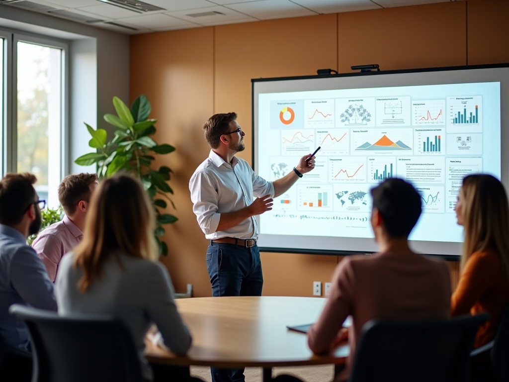 Man presenting financial data graphs to attentive audience in modern office meeting room.