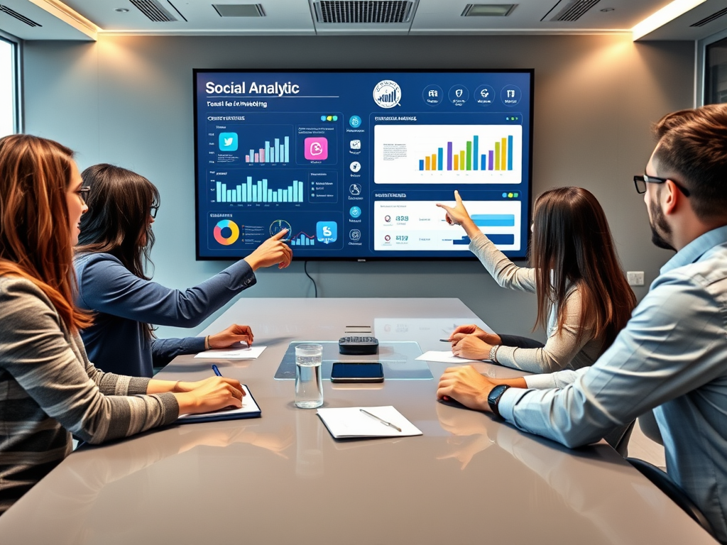 A team reviews social analytics data on a large screen during a meeting, discussing insights and strategies.