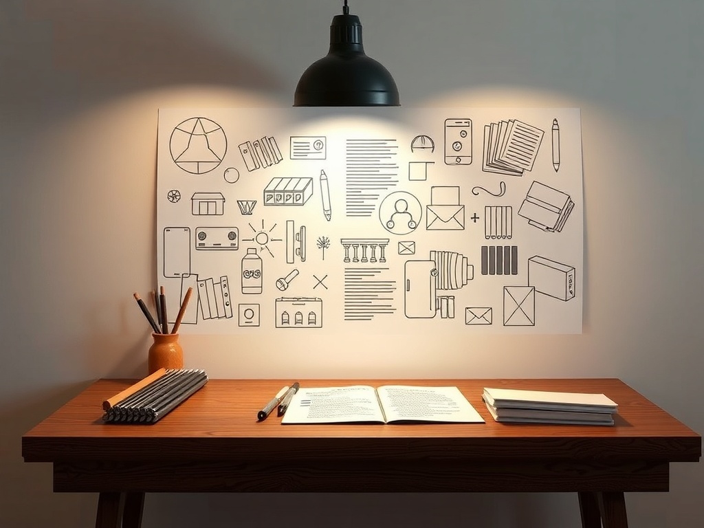 A wooden desk with an open book, stationery, and a lit paper with various drawn icons and designs.