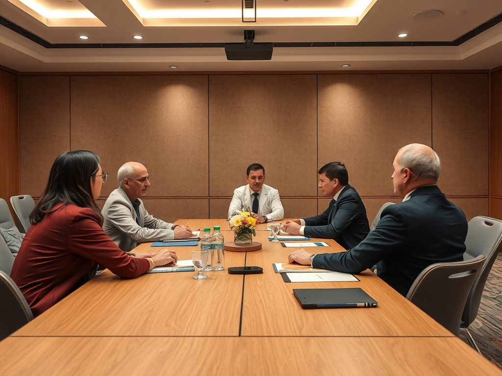 Five professionals are seated around a conference table, engaged in a discussion in a modern meeting room.