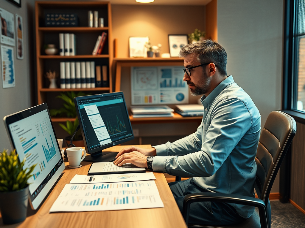 A man in a blue shirt works at his desk with two monitors displaying data and charts, surrounded by documents.