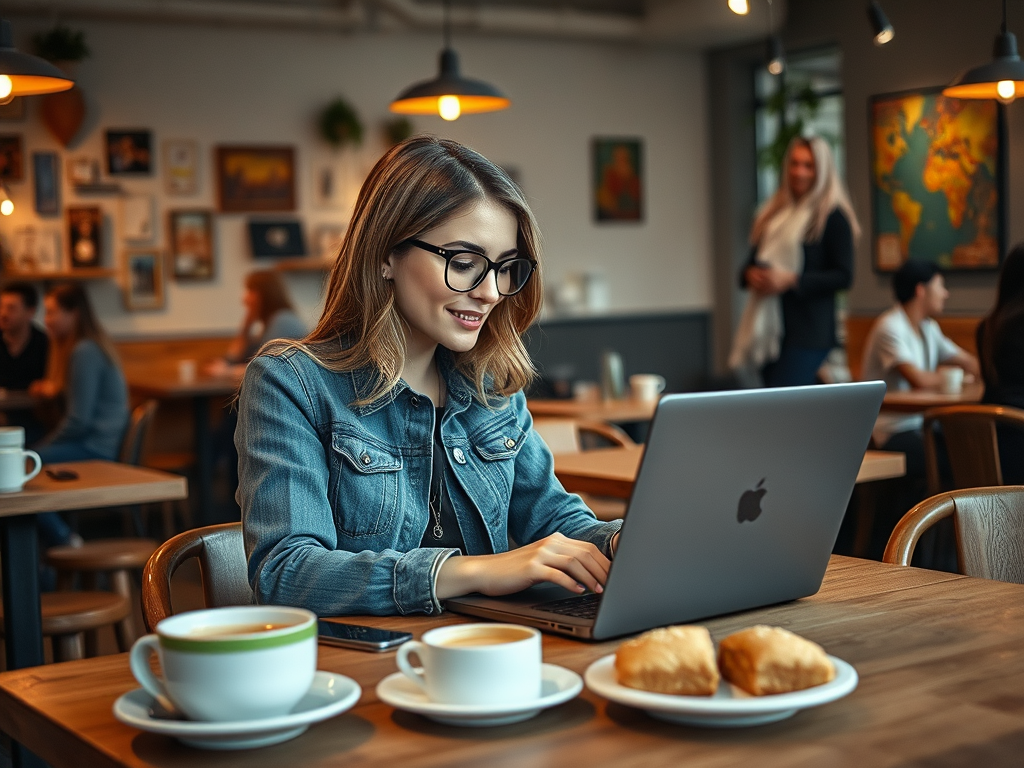 A young woman in glasses types on a laptop in a cozy café, with coffee and croissants on the table.
