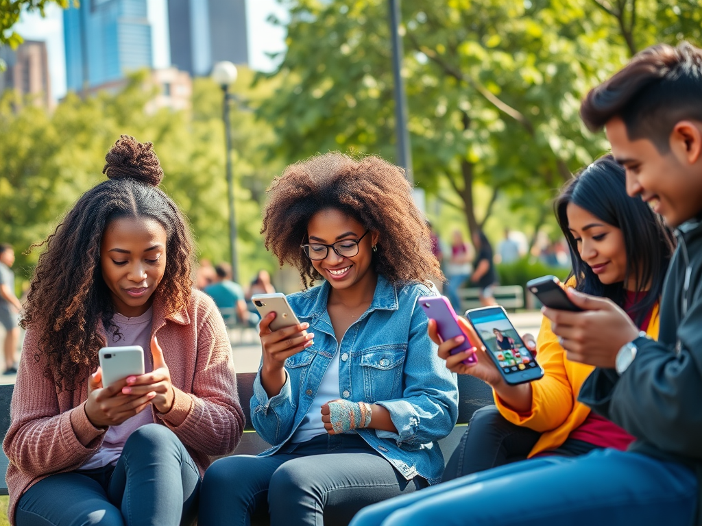 Four friends sit together in a park, each focused on their smartphones, enjoying their time outdoors.