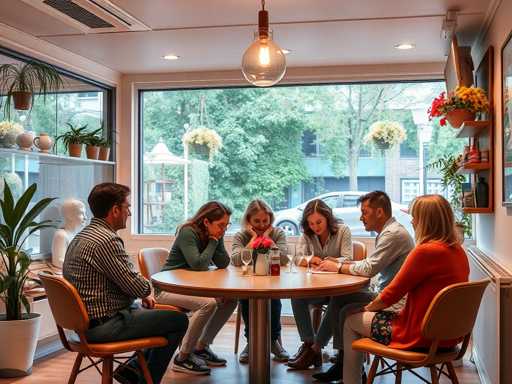 A group of six people sits around a table in a bright room, engaged in conversation and looking at notes.
