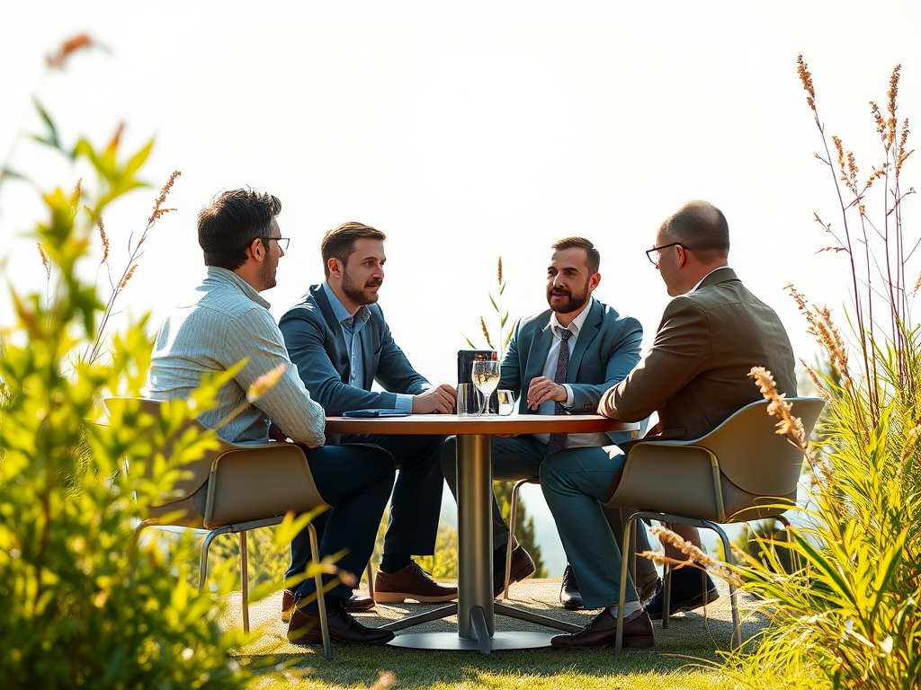 Four businessmen are seated around a table outdoors, engaged in conversation with drinks in hand.